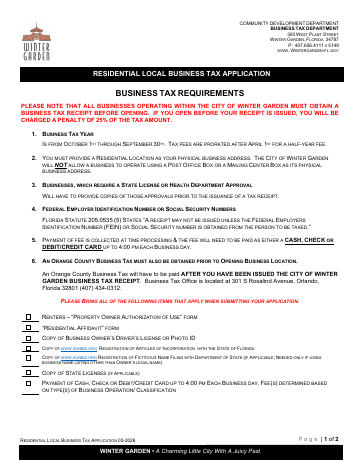 First page of the Residential Local Business Tax Application & Affidavit