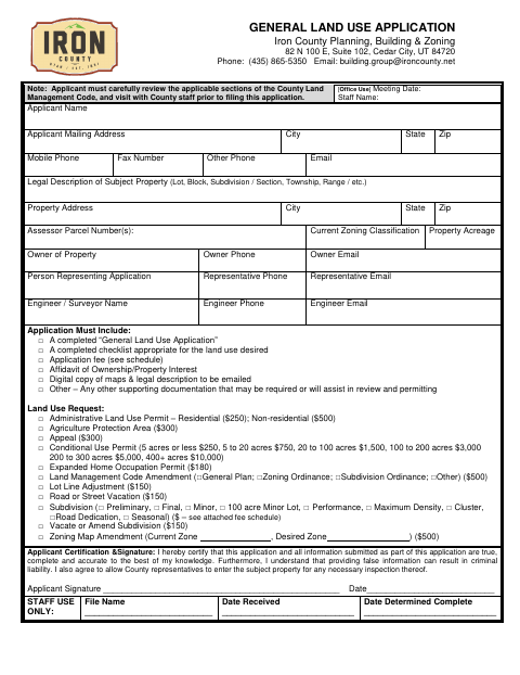 General Land Use Application, Iron County form, first page