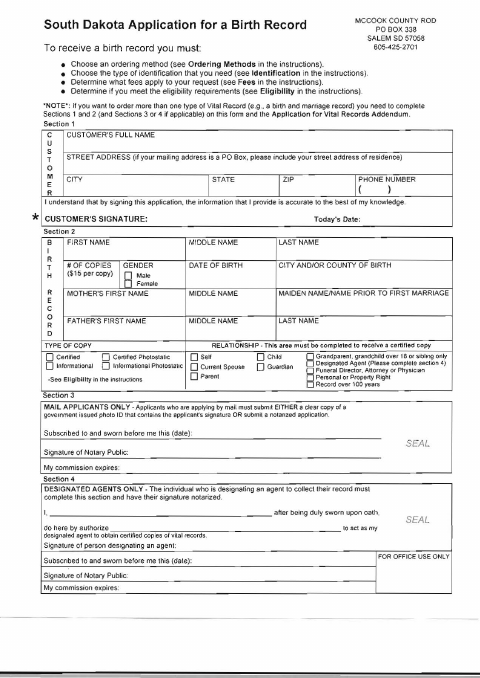 Application for a Birth Record, McCook County form, first page