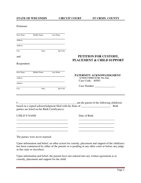 Petition for Custody, Placement and Child Support, St. Croix County form, first page
