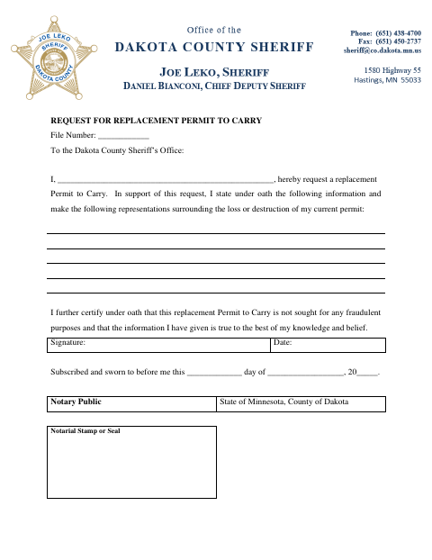 Replacement Permit to Carry Request, Dakota County form, first page