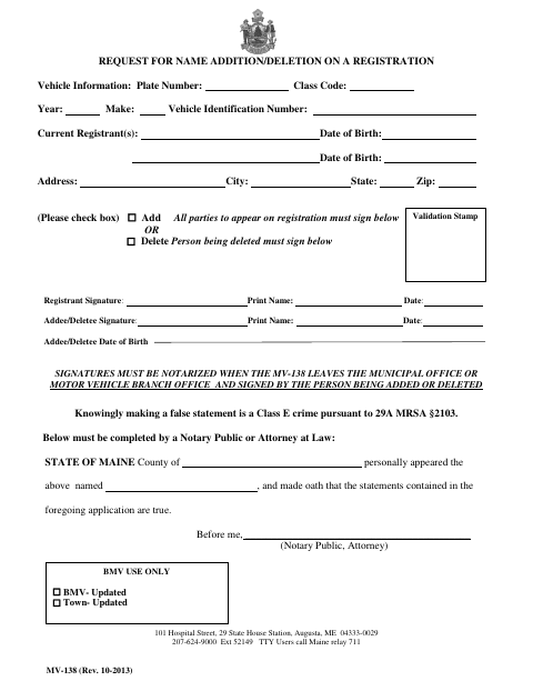 MV-138 Request for Name Addition or Deletion on a Registration first page