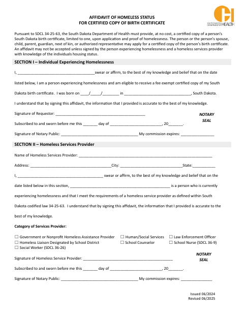 Affidavit of Homeless Status for Certified Copy of Birth Certificate first page