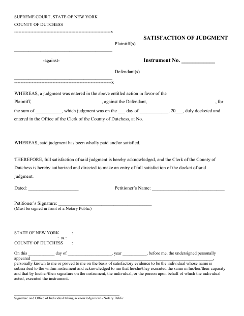 Satisfaction of Judgment, Dutchess County form, first page