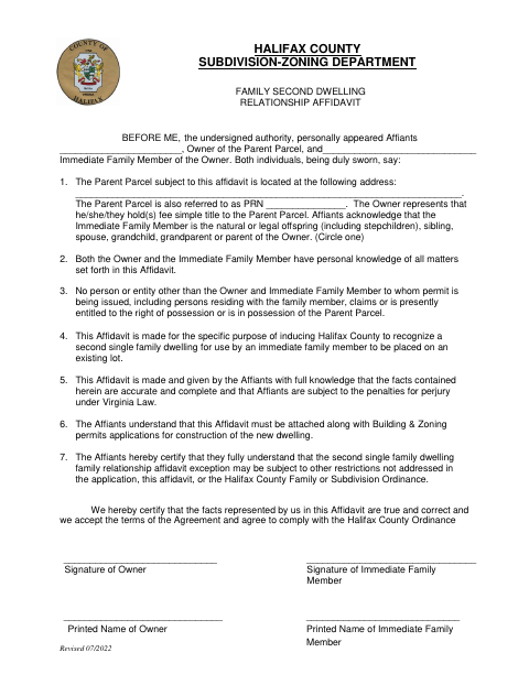 Family Second Dwelling Relationship Affidavit, Halifax County form, first page