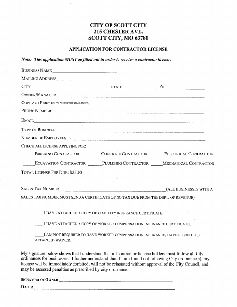 First page of the Contractor License Application