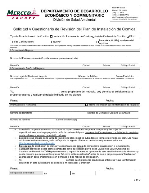First page of the Food Facility Plan Review Application and Questionnaire