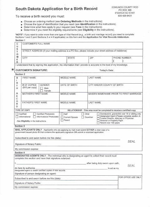 Application For A Birth Record, Edmunds County form, first page