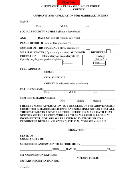 Affidavit and Application for Marriage License, Dinwiddie County form, first page