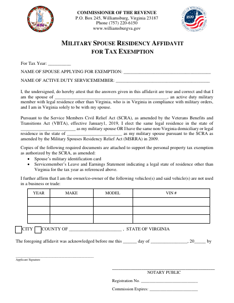 Military Spouse Residency Affidavit for Tax Exemption, City of Williamsburg form, first page