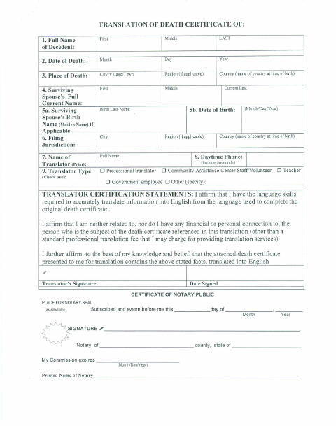 Translation of Death Certificate, Door County form, first page