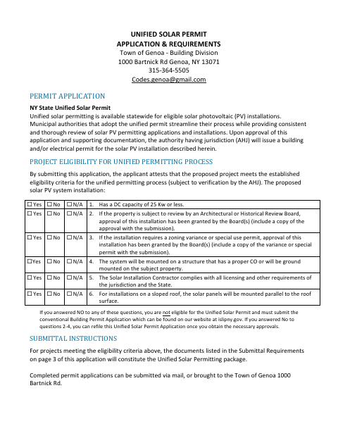 First page of the Unified Solar Permit Application