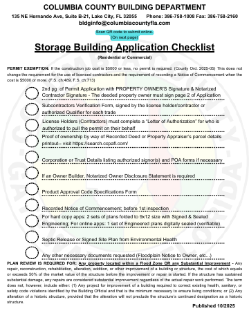 Storage Building Application - Owner Builder (Fillable 2025) — Columbia County form, first page