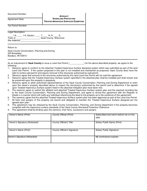 Treated Impervious Surface Exemption Affidavit, Sauk County form, first page