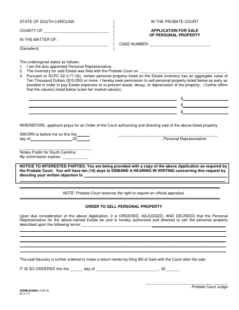 Application for Sale of Personal Property, Orangeburg County form, first page