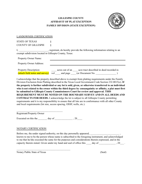 Affidavit of Plat Exception, Gillespie County form, first page