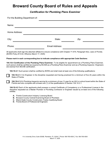 Plumbing Plans Examiner — Broward County form, first page