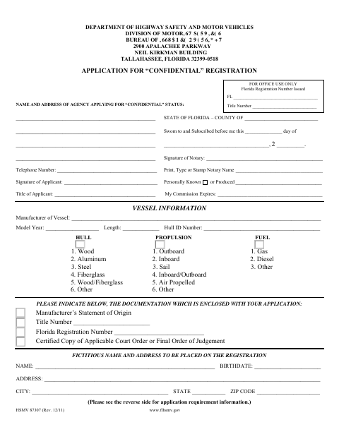 HSMV 87307 Confidential Vessel Registration Application first page