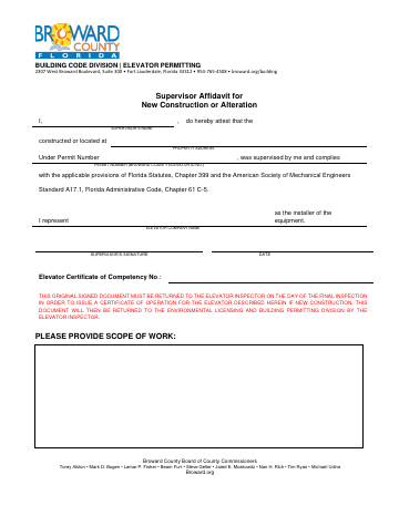 Supervisor Affidavit for New Construction or Alteration — Broward County form, first page