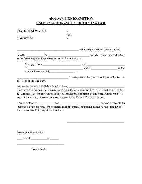 Affidavit of Exemption Under Section 253(1-b) of the Tax Law, Ulster County form, first page