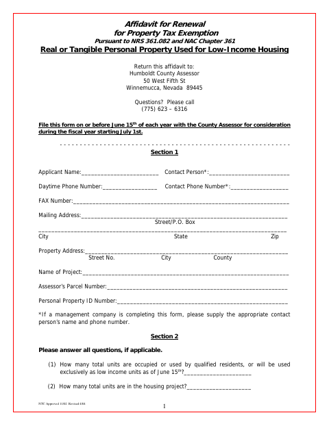 Affidavit for Renewal of Low-Income Housing Property Tax Exemption, Humboldt County form, first page