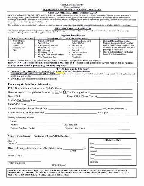 Birth Certificate Application, Fallon County form, first page