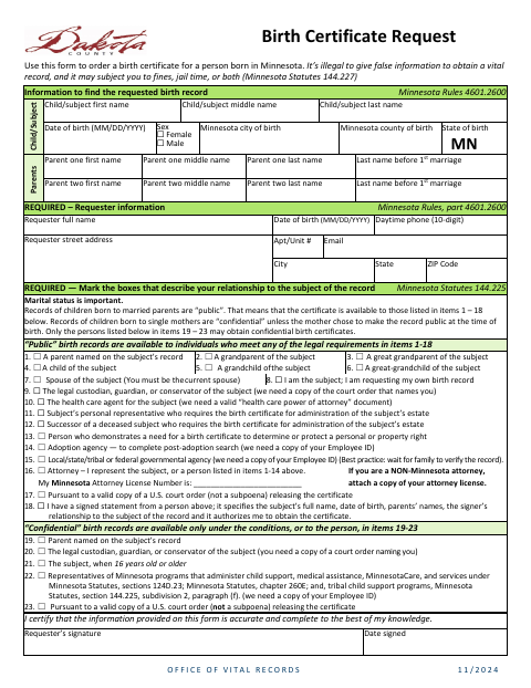 First page of the Birth Certificate Request