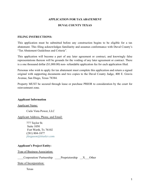 First page of the Application for Tax Abatement