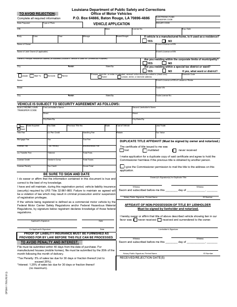 Application for Replacement Title, Bienville Parish form, first page