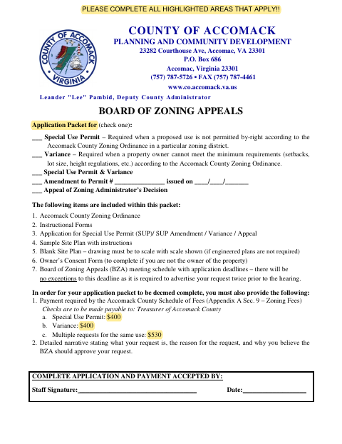 Board of Zoning Appeals Application, Accomack County form, first page