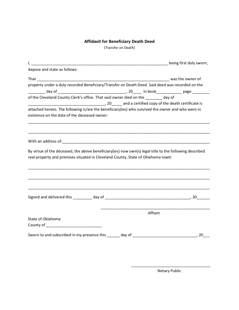 Affidavit for Beneficiary Death Deed, Cleveland County form, first page