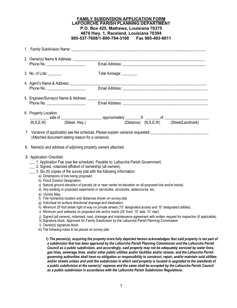 Family Subdivision Application, Lafourche Parish form, first page