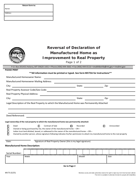 MV73 Reversal of Declaration of Manufactured Home as Improvement to Real Property first page