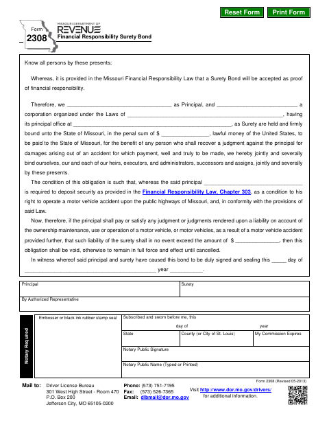 Form 2308 Financial Responsibility Surety Bond first page