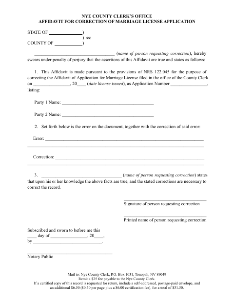 Affidavit for Correction of Marriage License Application, Nye County form, first page