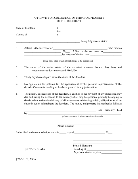 Affidavit for Collection of Personal Property of the Decedent, Beaverhead County form, first page