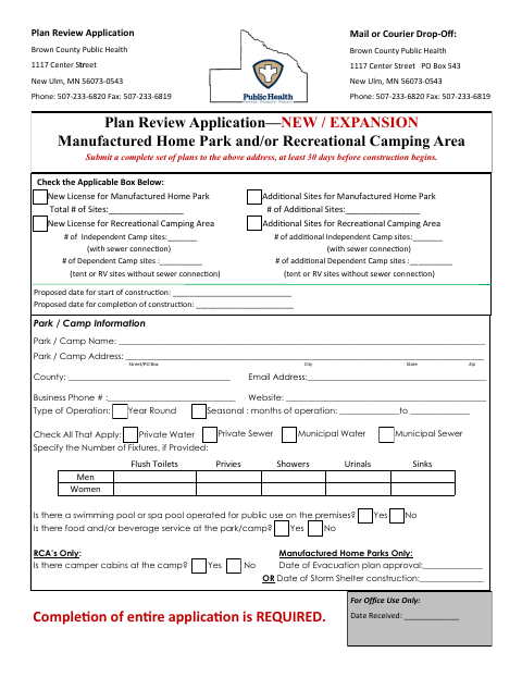 First page of the Manufactured Home Park and Recreational Camping Plan Review Application