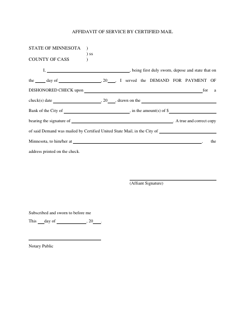 Affidavit of Service by Certified Mail, Cass County form, first page