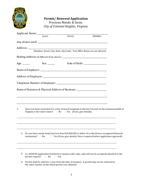 Precious Metals & Gems Permit Application, City of Colonial Heights form, first page