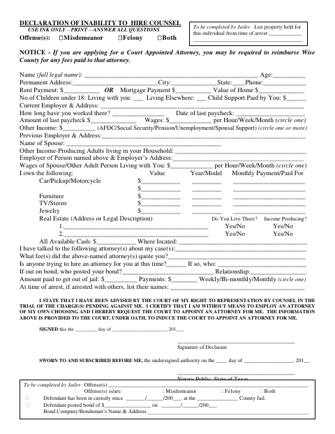 Declaration of Inability to Hire Counsel, Wise County form, first page