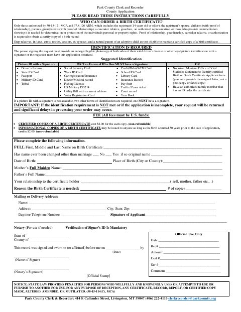 Birth Certificate Request Form, Park County form, first page