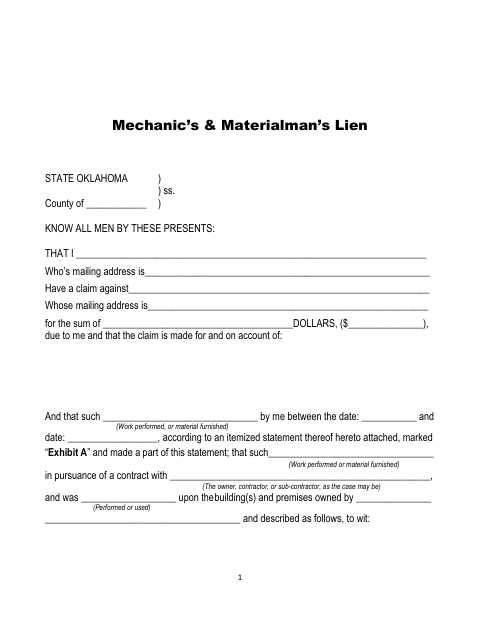 Mechanic’s and Materialman’s Lien, Rogers County form, first page