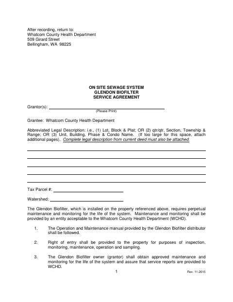 Glendon Biofilter Service Agreement, Whatcom County form, first page