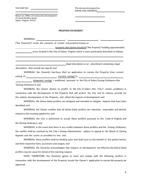Proffer Statement, City of Salem form, first page