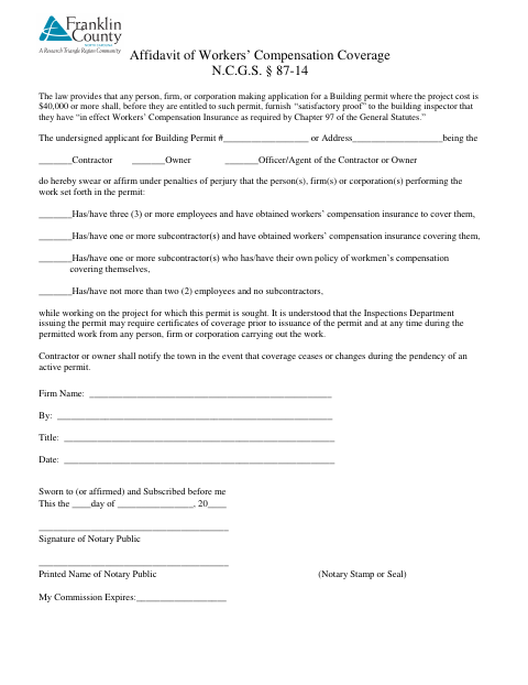 Affidavit Of Workers’ Compensation Coverage, Franklin County form, first page