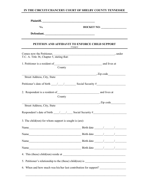 Petition and Affidavit to Enforce Child Support, Shelby County form, first page