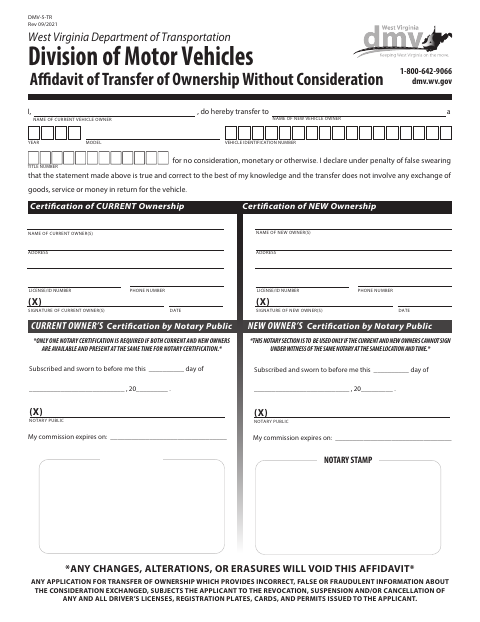 DMV-5-TR Affidavit of Transfer of Ownership Without Consideration first page