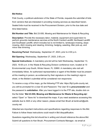 Bid 23-555, Mowing and Maintenance for Waste & Recycling — Polk County form, first page