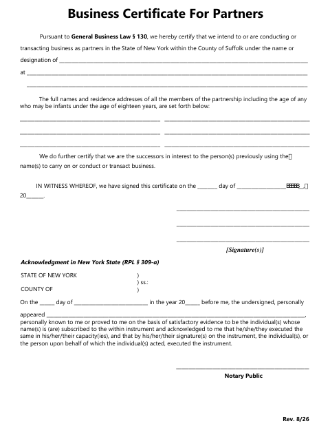 Business Certificate For Partners, Suffolk County form, first page
