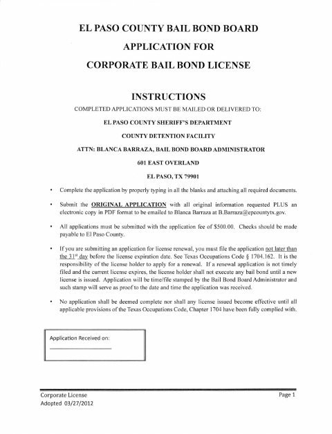 Application for Corporate Bail Bond License, El Paso County form, first page